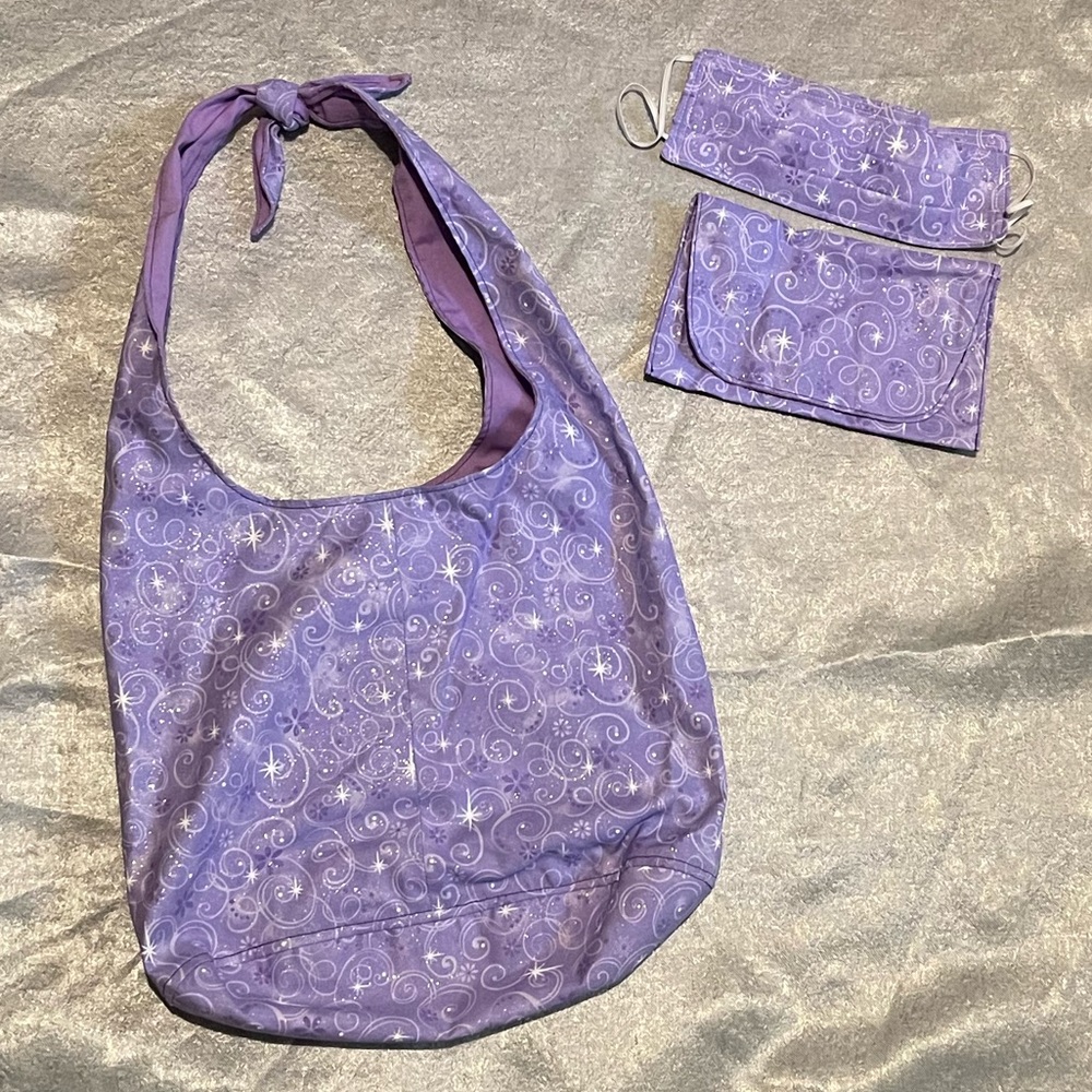 Handmade tie strap bag, wallet pouch & mask whimsical sparkling purple sparkly
